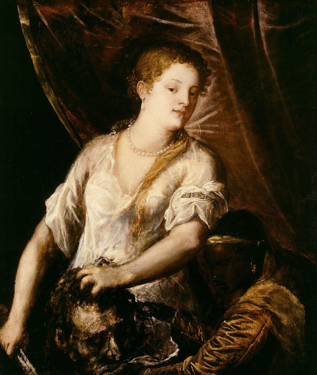 Portrait of a woman holding a dog against a draped curtain background. Judith with the Head of Holophernes by Titian – Hand-Painted Oil Reproduction