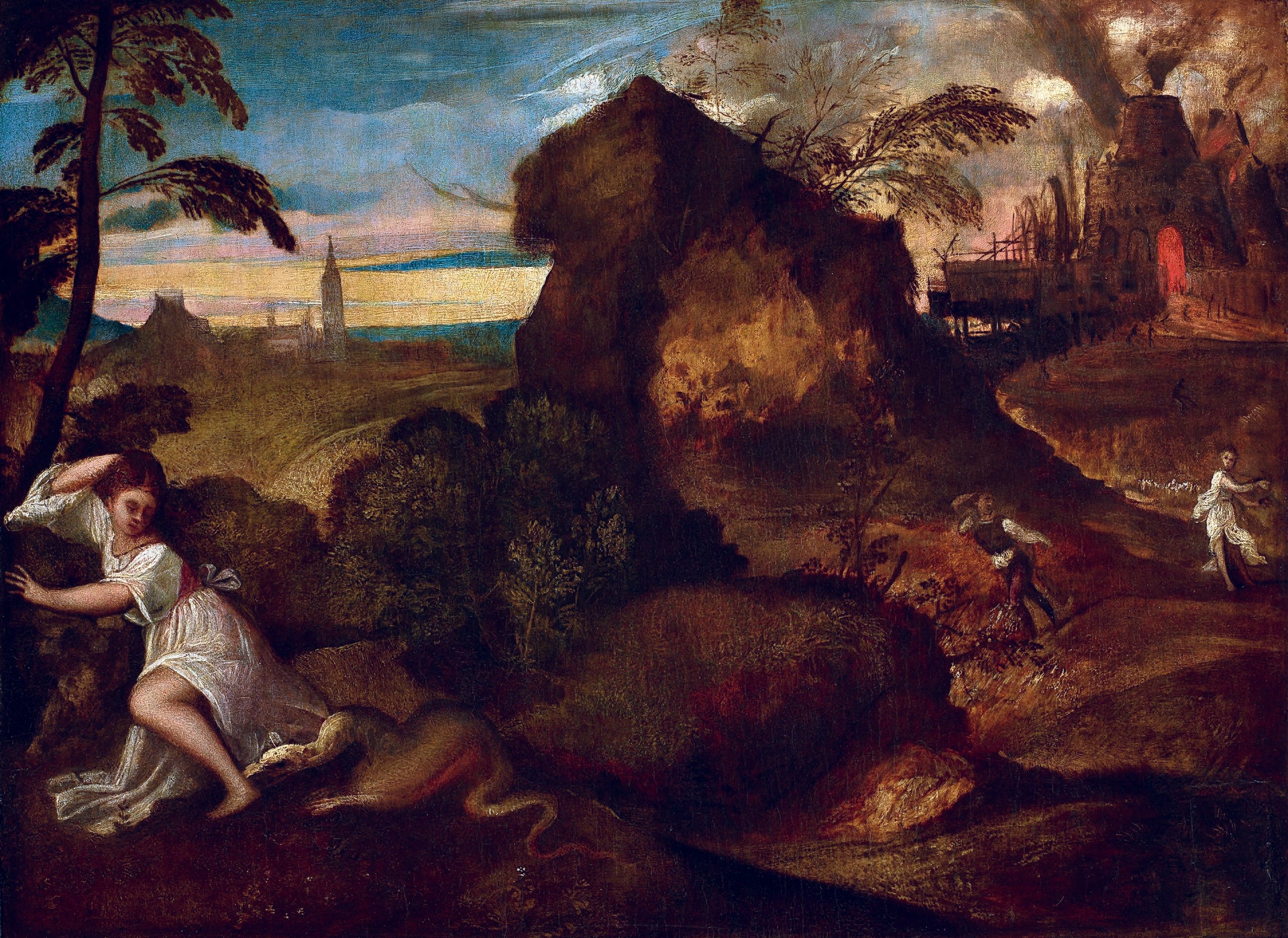 Painting of a landscape with figures and ruins, featuring a woman and a man in a classical setting. Orpheus and Eurydice by Titian | Mythological Oil Painting Reproduction
