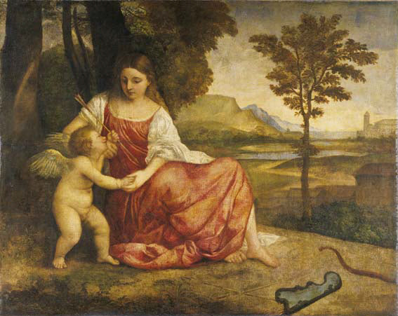 Painting of a woman in a red dress sitting with an angel in a landscape. Venus and Cupid by Titian – Renaissance Mythological Oil Painting Reproduction
