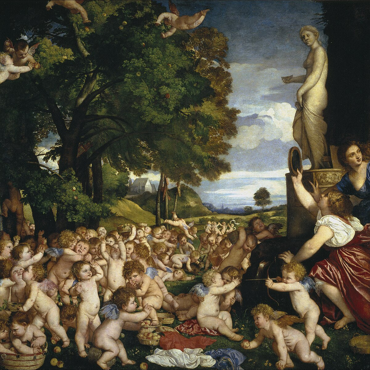 Mural of a garden scene with figures and cherubs, featuring classical architecture. The Worship of Venus by Titian – Museo del Prado Masterpiece
