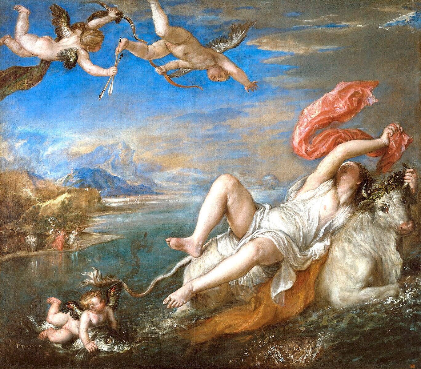  classical painting of a woman reclining on a horse with cherubs and mountains in the background. The Rape of Europa by Titian – Venetian Renaissance Masterpiece.