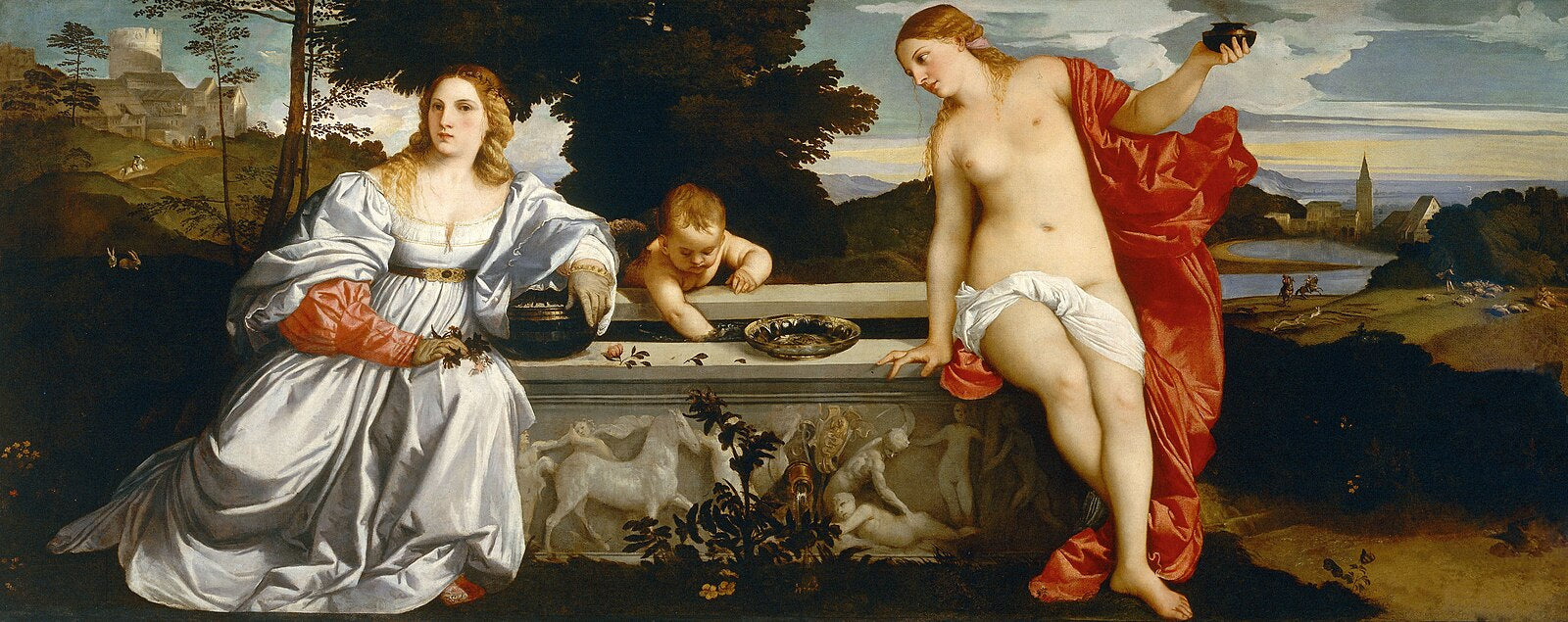 Sacred and Profane Love by Titian – Renaissance Allegory, Galleria Borghese. Painting of two women by a fountain with a landscape background