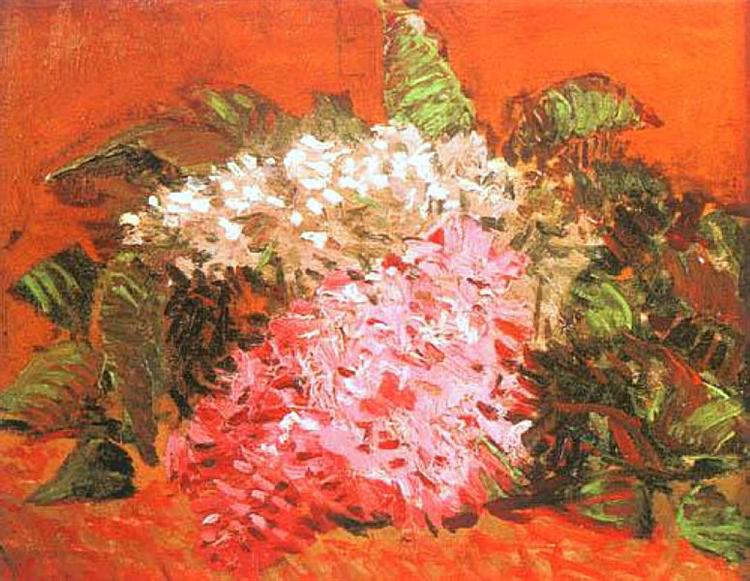 Painting of flowers with a red background. Lilacs (1887) by Van Gogh — Paris-Period Floral Still Life