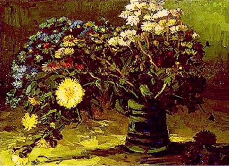 Still life painting of flowers in a vase with a dark background. Vase with Daisies (1887) by Van Gogh — Paris Still Life Flower Painting