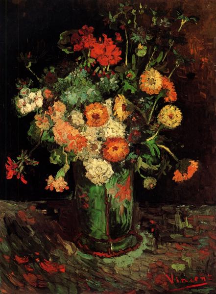 Famous painting of a still life with flowers in a vase by Vincent van Gogh. Vase with Zinnias and Geraniums (1886) by Van Gogh — National Gallery of Canada Still Life