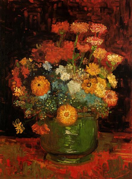 Famous painting of a still life with flowers in a vase on a dark background. Vase with Zinnias (1886) by Van Gogh — Paris Period Floral Still Life