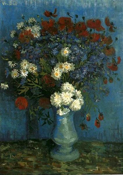 Vase with Flowers against a Blue Background. Still Life Vase with Cornflowers and Poppies (1887) by Van Gogh — Paris Floral Still Life