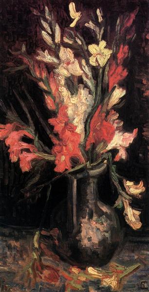 Still life painting of flowers in a vase on a dark background. Vase with Red Gladioli (1886) by Van Gogh — Paris Still Life Flower Painting
