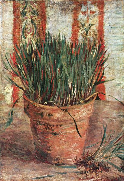 Painting of a potted plant with a textured background. Flowerpot with Chives (1887) by Van Gogh — Paris-Period Still Life