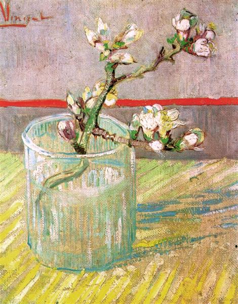 Artistic depiction of a branch with flowers in a glass on a textured surface. Blossoming Almond Branch in a Glass (1888) by Van Gogh — Paris-Period Floral Still Life