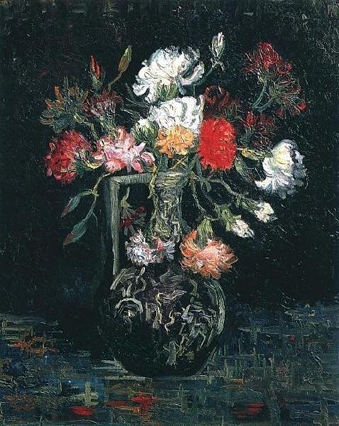 Still life painting of a vase with flowers on a dark background. Vase with White and Red Carnations (1887) by Van Gogh — Paris Floral Still Life
