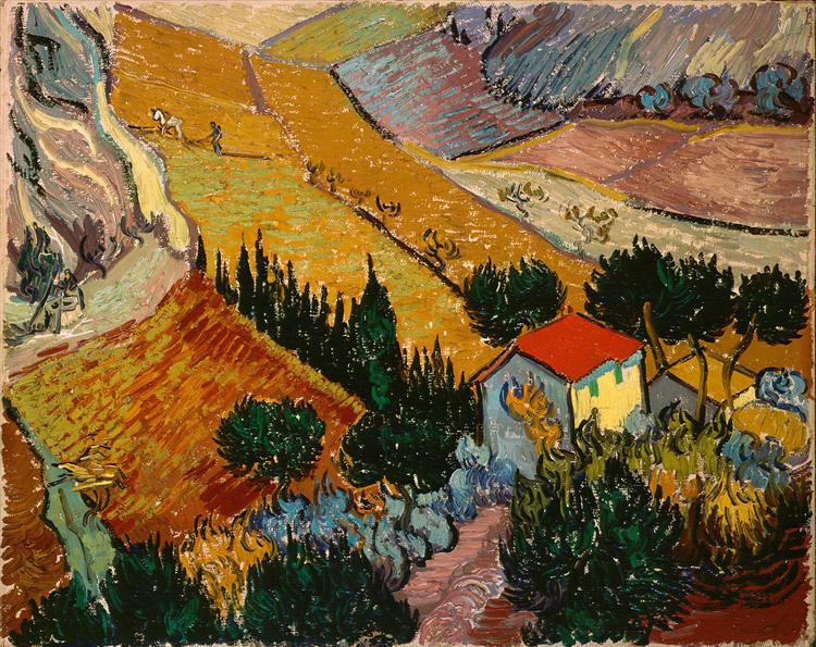 Painting of a rural landscape with fields and a small house. Landscape with House and Ploughman (1889) by Van Gogh — Hermitage Museum