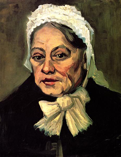 Portrait of an elderly woman with a white headscarf and black garment, painted in a stylized manner. Head of an Old Woman with White Cap (The Midwife) – Vincent van Gogh (1885)