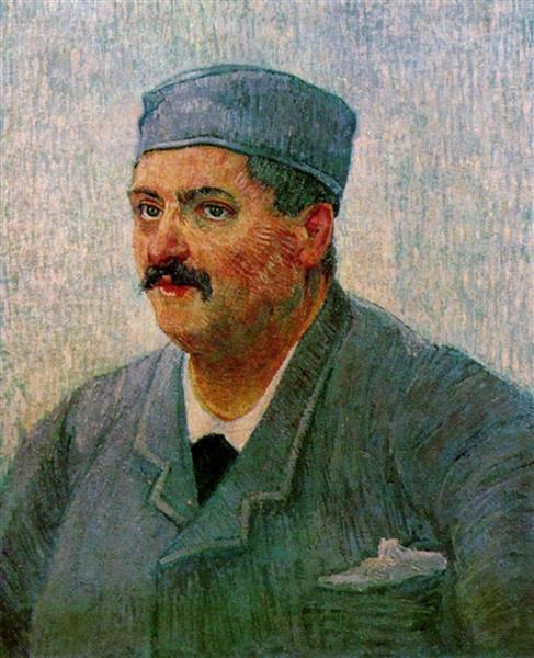 Painting of a man wearing a blue cap and jacket with a textured background. Portrait of a Man with Skull Cap – Van Gogh (c.1887) | Van Gogh Museum