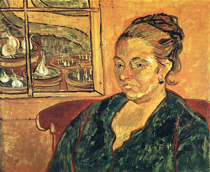 Painting of a woman with a still life in the background. Portrait of Madame Augustine Roulin & Baby Marcelle – Van Gogh (1888) | The Met