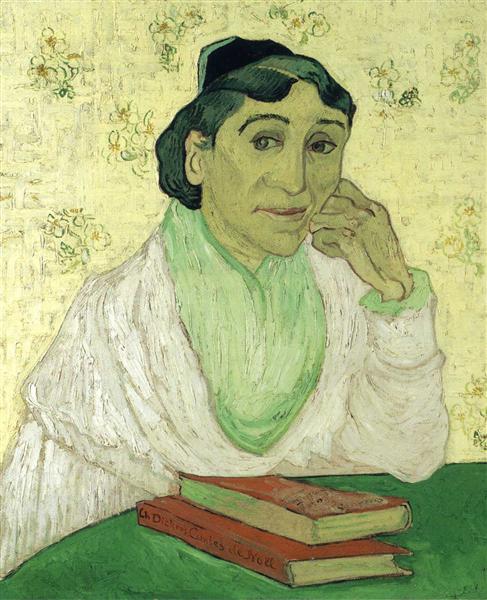 Painting of a woman with a green headscarf and white garment, sitting at a table with books. L’Arlésienne: Madame Ginoux – Van Gogh (1888) | Musée d’Orsay