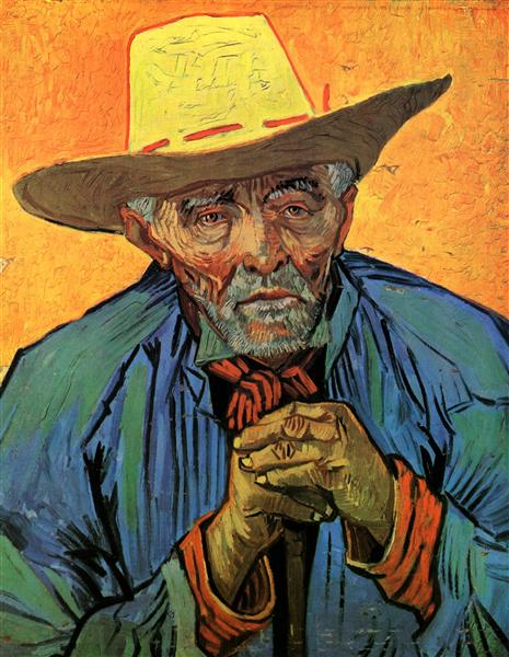 Painting of an elderly man wearing a wide-brimmed hat with a textured orange background. Portrait of Patience Escalier – Van Gogh (1888) | Private Collection