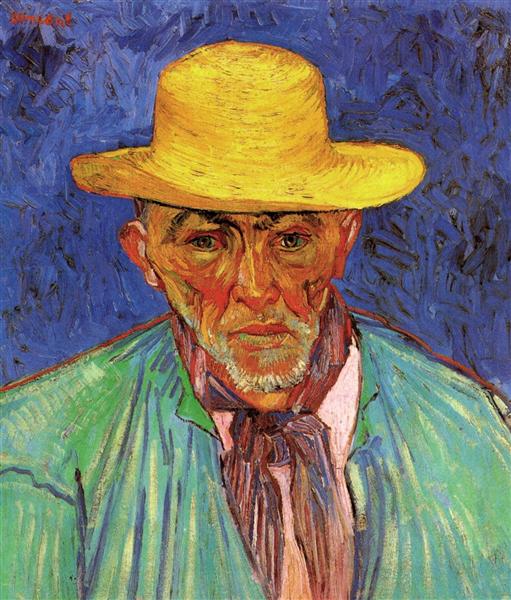 Painting of a man wearing a yellow hat with a blue background. Portrait of Patience Escalier – Van Gogh (1888) | Norton Simon Museum
