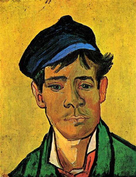Painting of a boy wearing a blue cap and green jacket on a yellow background. Young Man with a Hat – Van Gogh (1888) | Private Collection