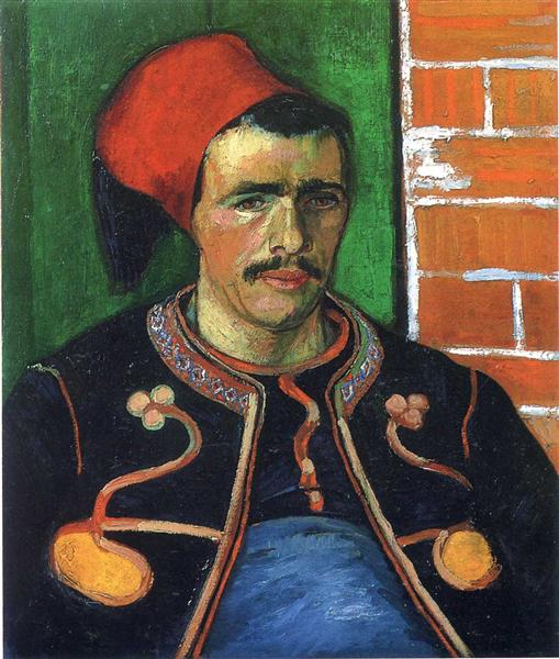 Painting of a man wearing a red hat and decorative jacket against a green and brick wall. Zouave – Van Gogh (1888) | Van Gogh Museum