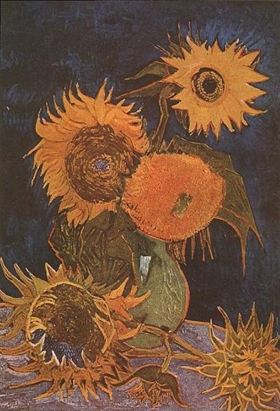 Artistic depiction of sunflowers with a dark background. Still Life Vase with Five Sunflowers (1888) by Van Gogh — Iconic Sunflowers Painting