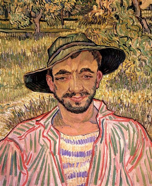 Painting of a man wearing a wide-brimmed hat with a natural landscape in the background. Portrait of a Young Peasant – Van Gogh (1889) | GNAM Rome