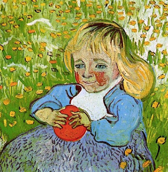 Painting of a child holding a red object in a field with flowers. Child with Orange – Van Gogh (1890) | Private Collection