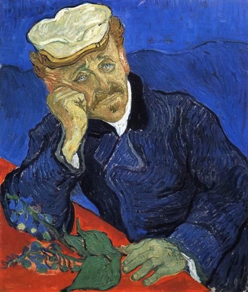 Painting of a man with a white hat and beard sitting at a table with a blue background. Portrait of Doctor Gachet – Van Gogh (1890) | Musée d’Orsay