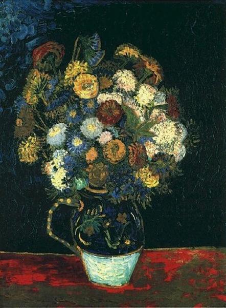 Famous painting of a still life with flowers in a vase on a dark background. Still Life Vase with Zinnias (1888) by Van Gogh — Goulandris Collection, Lausanne