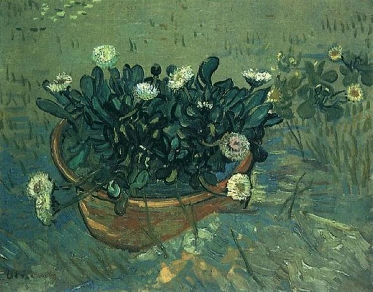 Painting of a flowerpot with flowers on a textured surface. Still Life: Bowl with Daisies (1888) by Van Gogh — Virginia Museum of Fine Arts