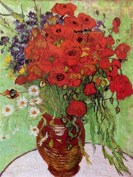 Famous painting of a bouquet of red flowers in a vase with a green background. Red Poppies and Daisies (1890) by Van Gogh — Albright-Knox Gallery Still Life