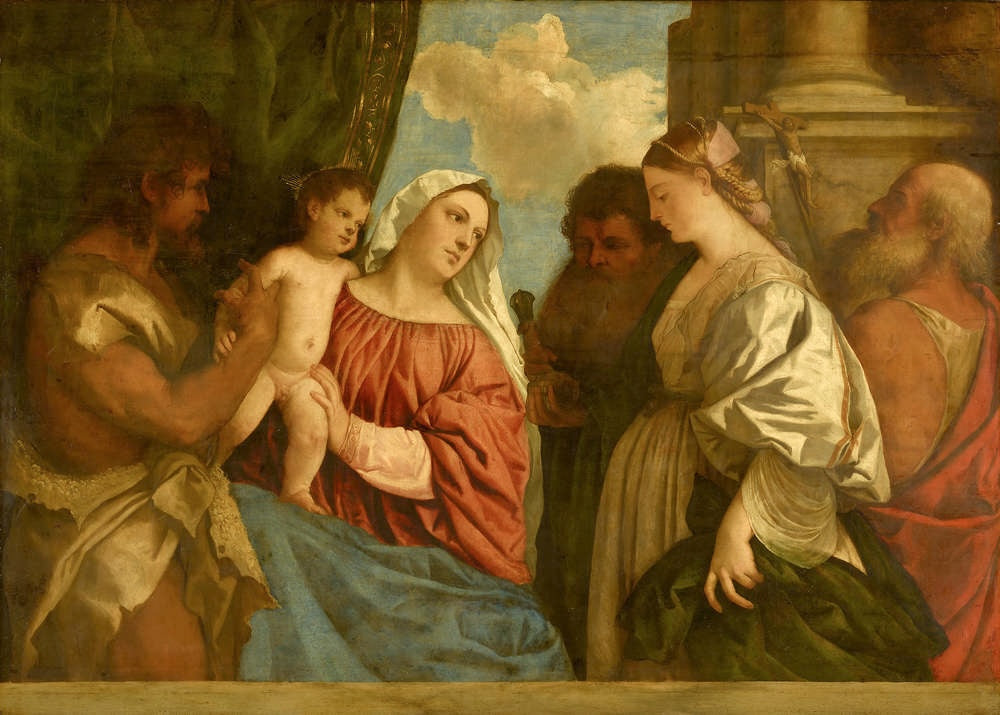 Painting of a religious scene with figures in classical attire. Titian – Madonna and Child with Four Saints (c. 1516–1520) | Staatliche Kunstsammlungen Dresden