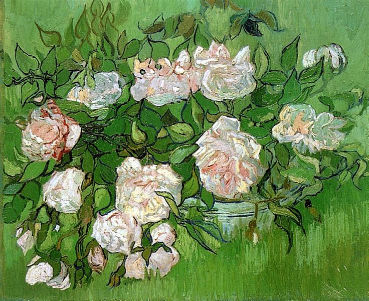 Painting of roses with a green background. Vase with Pink Roses (1890) by Van Gogh — National Gallery of Art, Washington