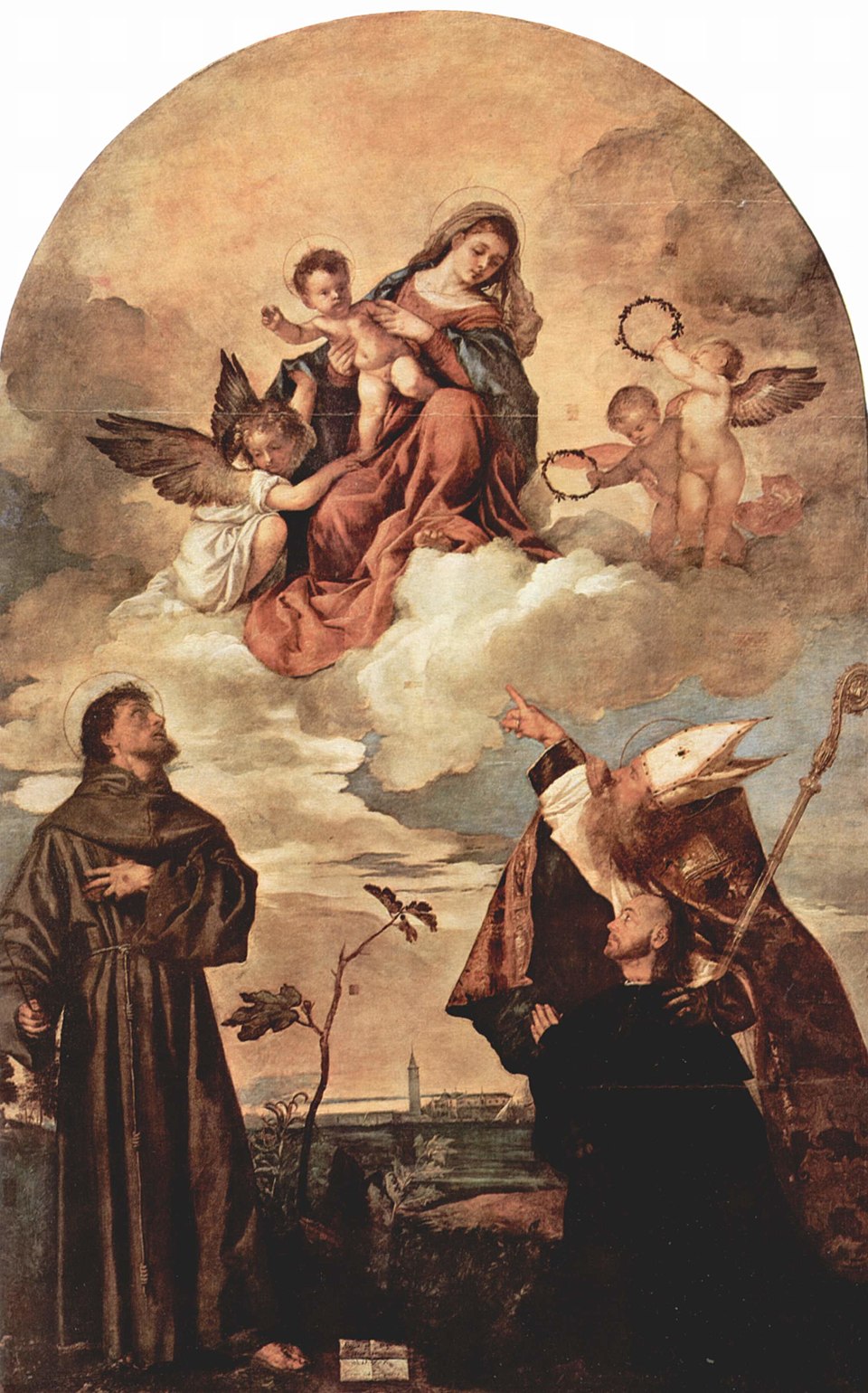 Painting of a religious scene with figures in robes and angels against a cloudy sky. Titian – Gozzi Altarpiece (1520) | Pinacoteca Civica “Francesco Podesti,” Ancona