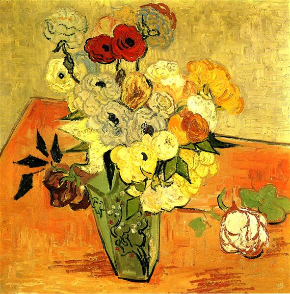 Still life painting of flowers in a vase on a table with a textured background. Japanese Vase with Roses and Anemones (1890) by Van Gogh — Musée d’Orsay