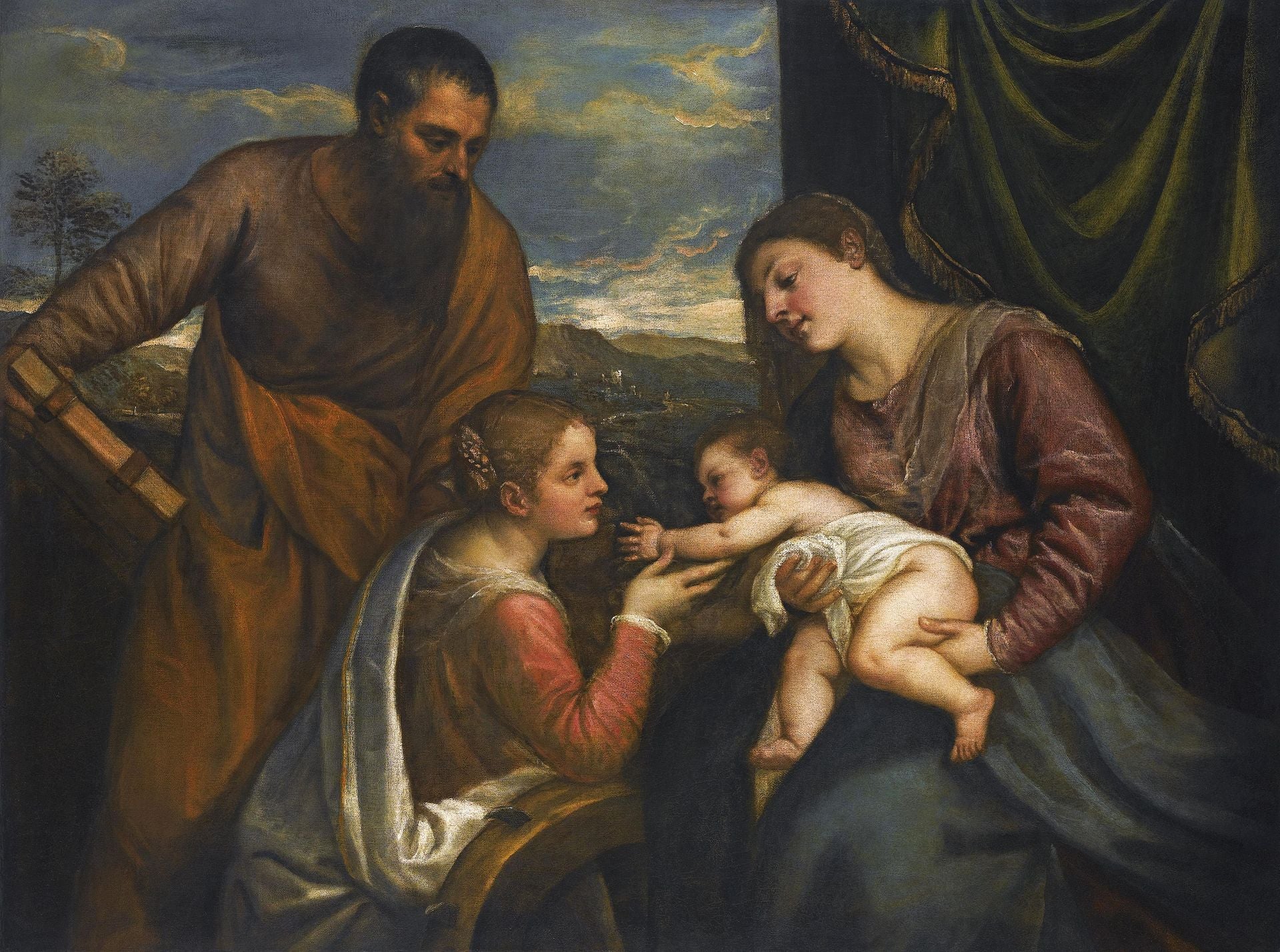 Painting of a family scene with a woman holding a child, a man standing behind them, and a landscape in the background. Madonna and Child with Saints Luke and Catherine of Alexandria – Titian