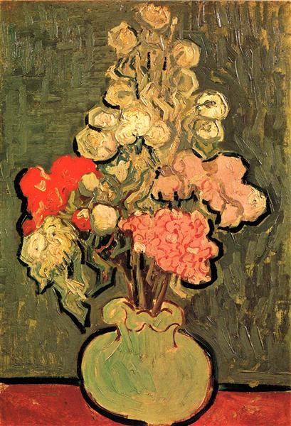 Painting of flowers in a vase on a dark background. Still Life Vase with Rose-Mallows (1890) by Van Gogh — Van Gogh Museum Flower Painting