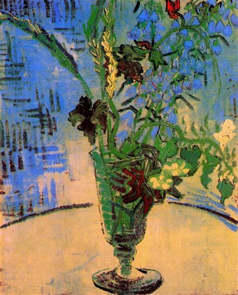 Artistic depiction of a vase with flowers against a cityscape background. Still Life: Glass with Wild Flowers (1890) by Van Gogh — Private Collection