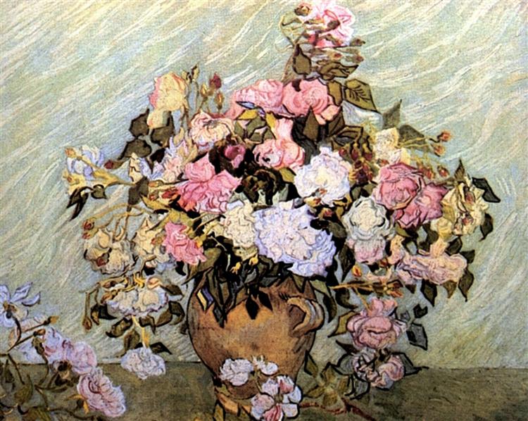 Artistic depiction of a vase with flowers against a textured background. Still Life Vase with Roses (1890) by Van Gogh — National Gallery of Art, Washington DC