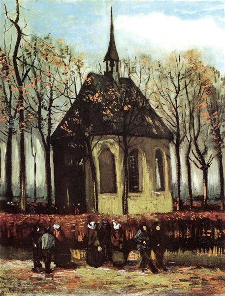 Painting of a church with people gathered outside, featuring trees and a clear sky. Congregation Leaving the Reformed Church in Nuenen (1884/85) by Van Gogh — Van Gogh Museum