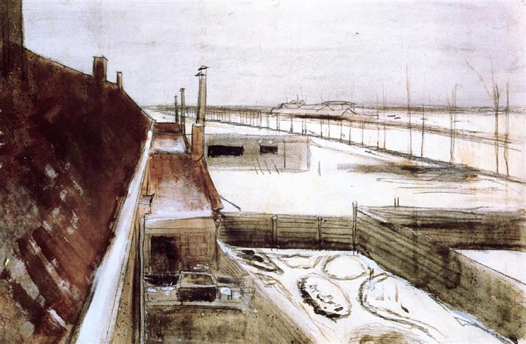 Artistic depiction of a snowy landscape with buildings and a fence. View from the Window of Vincent’s Studio in Winter (1883) by Van Gogh