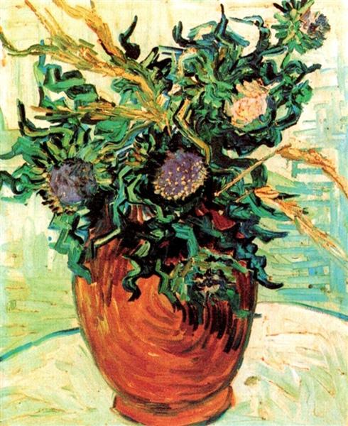 Famous painting of a vase with flowers by Van Gogh. Still Life with Thistles (1890) by Van Gogh — Private Collection Post-Impressionist Artwork