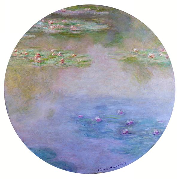 Explore Water Lilies (1907) by Claude Monet, a beautiful circular Impressionist masterpiece recreated as a museum-quality oil painting reproduction.
