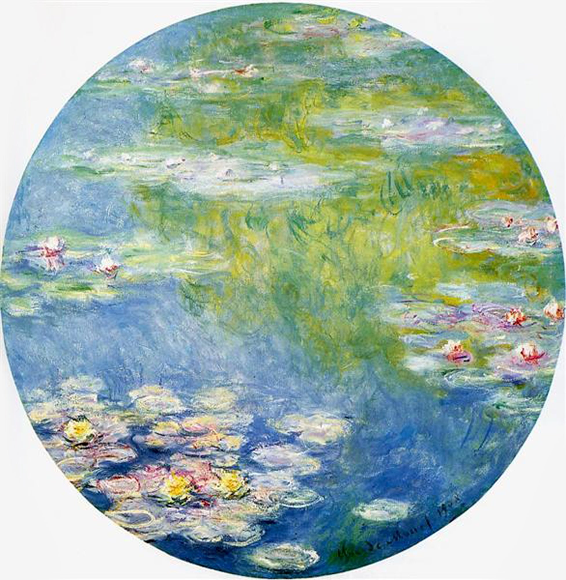 Discover Water Lilies (1908) by Claude Monet, a luminous circular Impressionist masterpiece recreated as a museum-quality oil painting reproduction.
