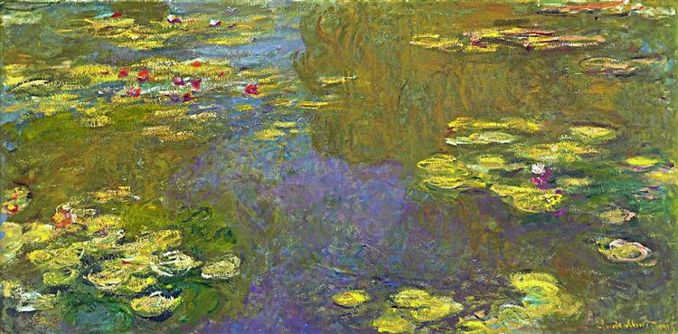 Painting of water lilies on a pond with a stylized brushstroke technique.