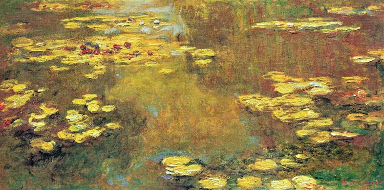Painting of water lilies with a focus on yellow and green hues.