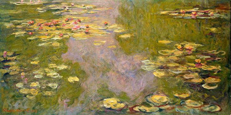 Painting of water lilies and lily pads on a pond
