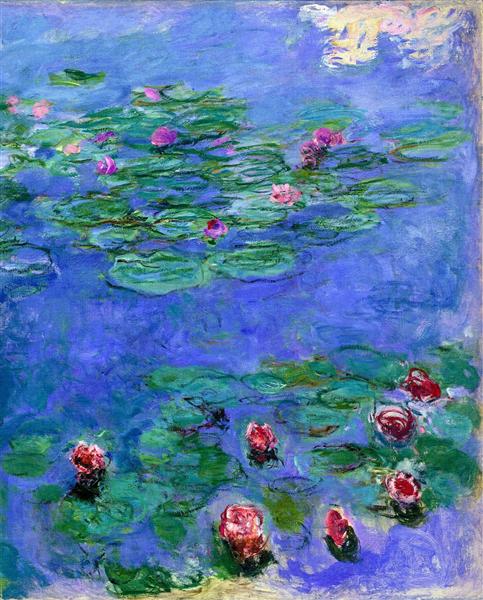 Painting of water lilies with a blue background