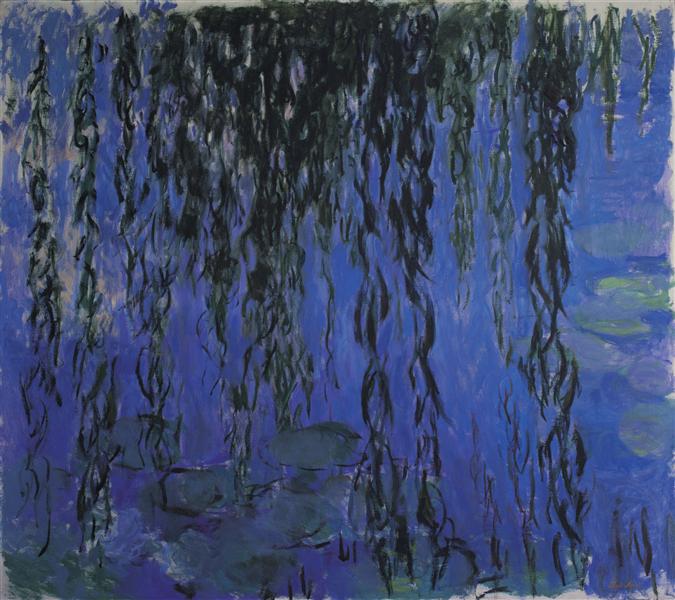 Artistic depiction of willow trees reflected in water with a blue and green color scheme.