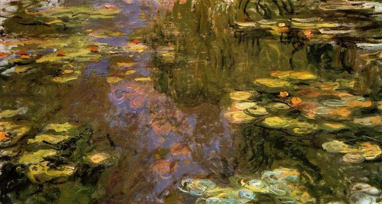Painting of water lilies and reflections on a pond